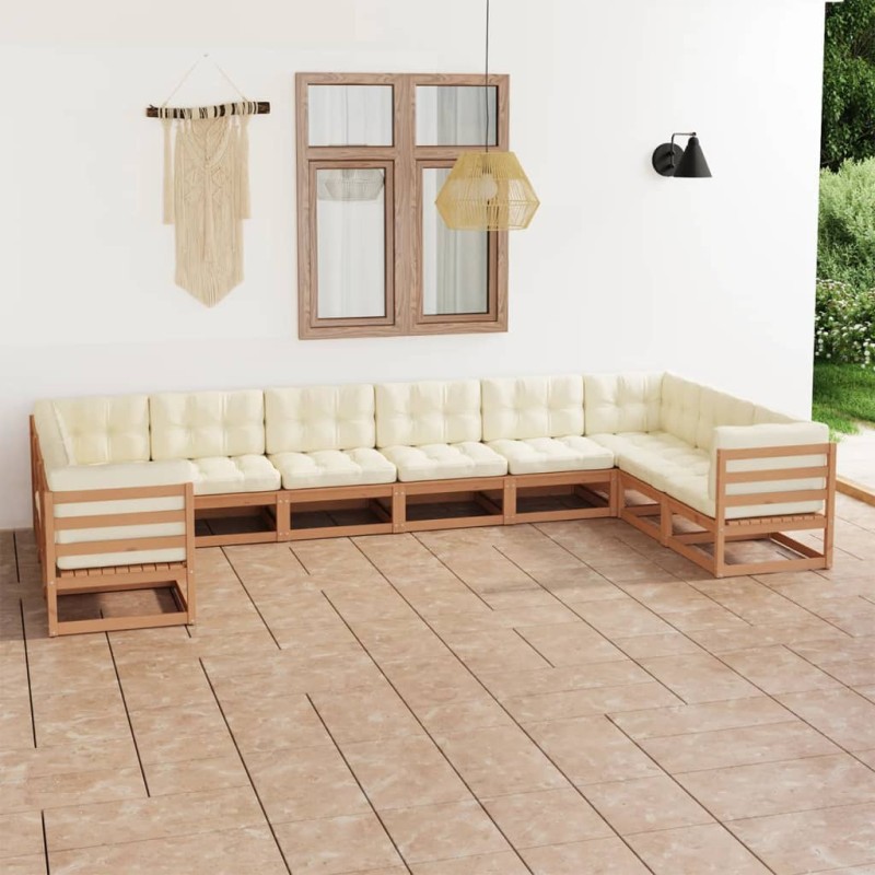 vidaXL Set de muebles de jardín 10 pzs cojines madera pino marrón miel vidaXL Set de muebles de jardín 10 pzs cojines madera pino marrón miel