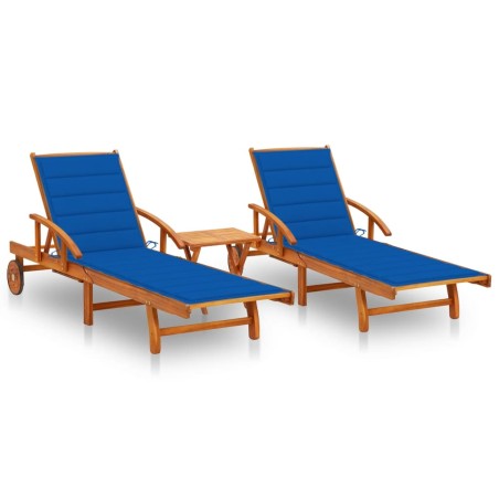 vidaXL Tumbonas con mesa y cojines 2 uds madera maciza de acacia 
