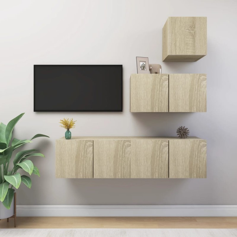vidaXL Set muebles de salón TV 4 piezas madera ingeniería roble Sonoma vidaXL Set muebles de salón TV 4 piezas madera ingeniería roble Sonoma
