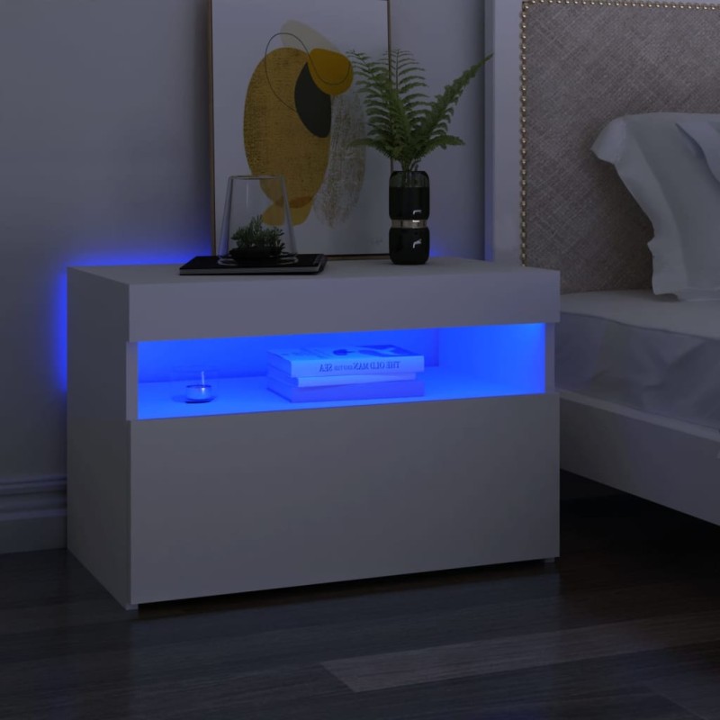 vidaXL Mesita de noche con luces LED contrachapada blanco 60x35x40 cm vidaXL Mesita de noche con luces LED contrachapada blanco 60x35x40 cm