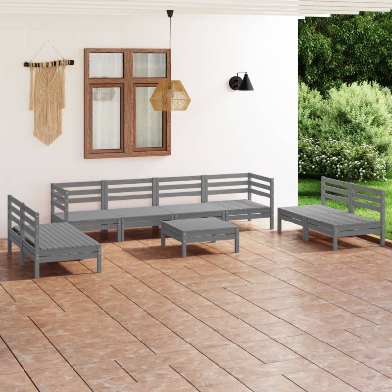 vidaXL Juego de muebles de jardín 9 piezas madera maciza de pino gris