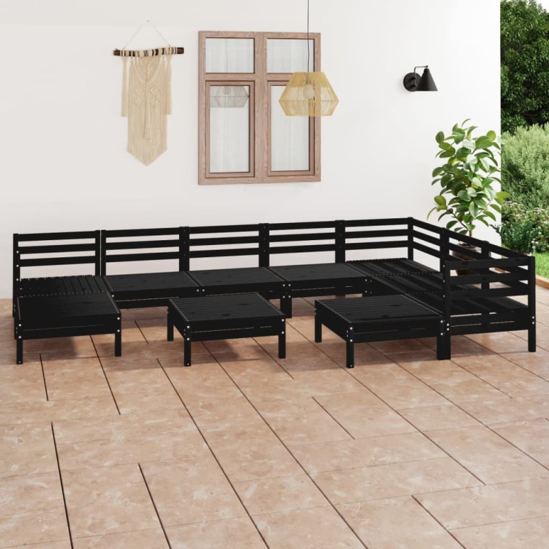 vidaXL Juego de muebles de jardín 10 pzas madera maciza de pino negro vidaXL Juego de muebles de jardín 10 pzas madera maciza de pino negro