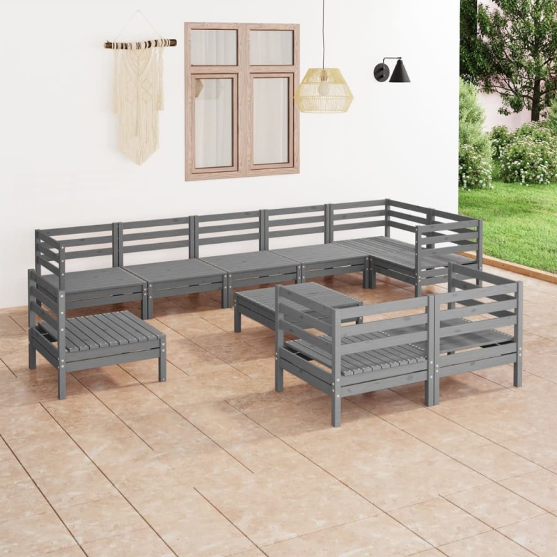 vidaXL Juego de muebles de jardín 10 piezas madera maciza de pino gris