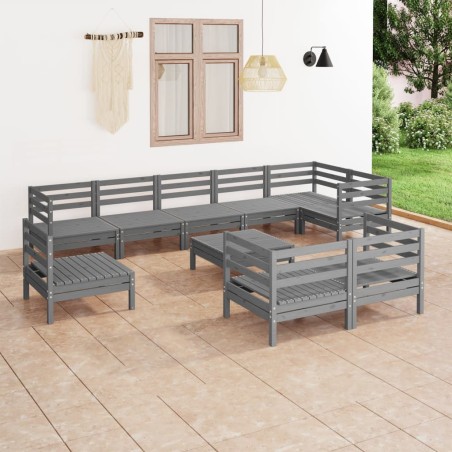 vidaXL Juego de muebles de jardín 10 piezas madera maciza de pino gris