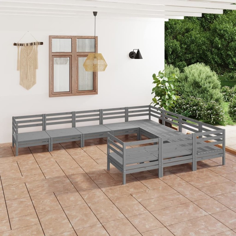 vidaXL Juego de muebles de jardín 10 piezas madera maciza de pino gris