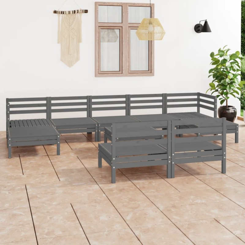 vidaXL Juego de muebles de jardín 10 piezas madera maciza de pino gris