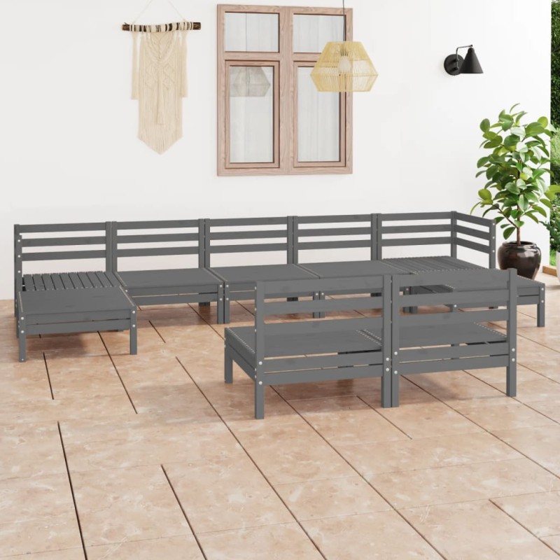 vidaXL Juego de muebles de jardín 9 piezas madera maciza de pino gris