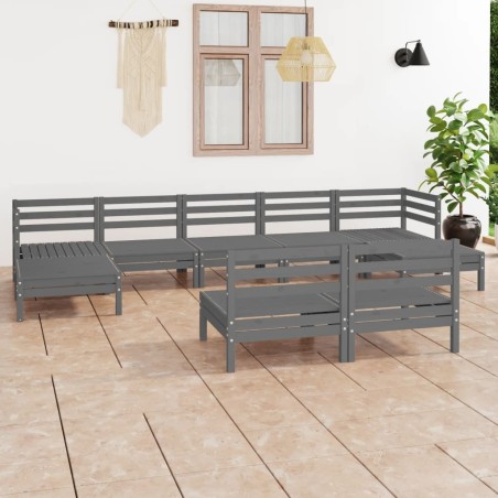 vidaXL Juego de muebles de jardín 9 piezas madera maciza de pino gris