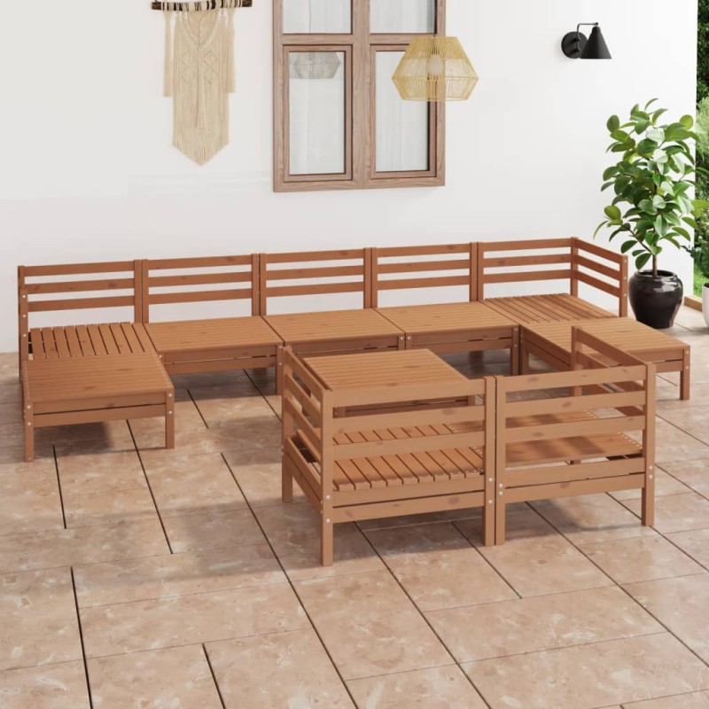 vidaXL Set de muebles de jardín 10 pzas madera maciza pino marrón miel vidaXL Set de muebles de jardín 10 pzas madera maciza pino marrón miel