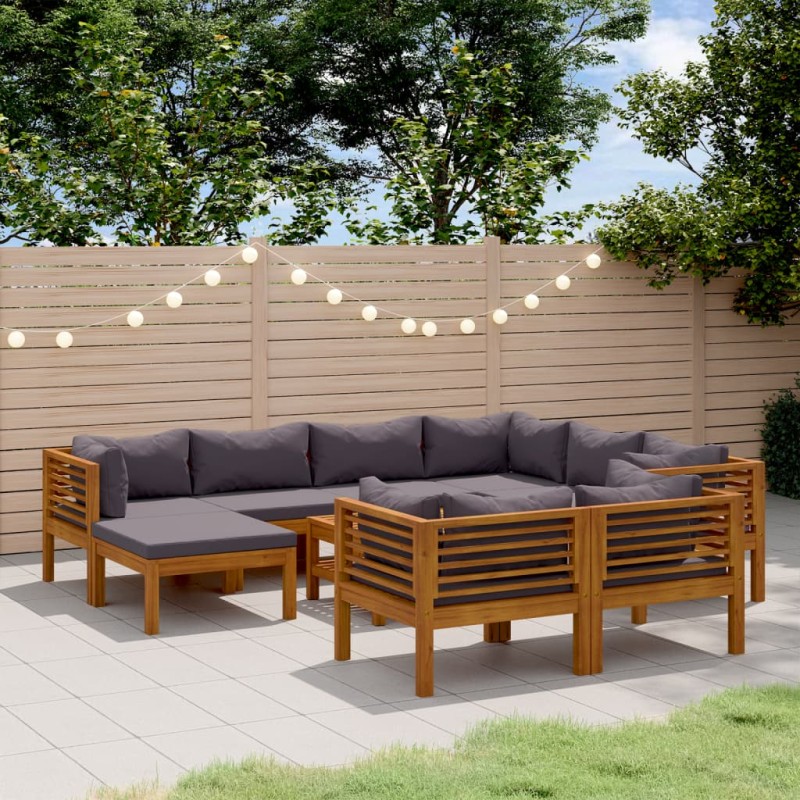 vidaXL Muebles de jardín 10 pzas cojines madera maciza de acacia vidaXL Muebles de jardín 10 pzas cojines madera maciza de acacia