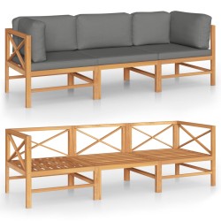 vidaXL Sofá de jardín 3 plazas con cojines gris madera maciza de teca
