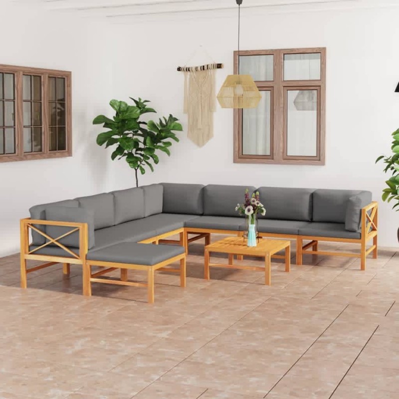 vidaXL Set de muebles de jardín 9 pzas madera de teca y cojines gris vidaXL Set de muebles de jardín 9 pzas madera de teca y cojines gris