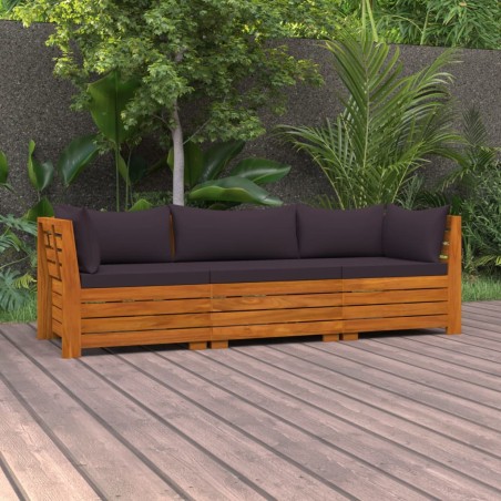 vidaXL Sofá de jardín de 3 plazas con cojines madera maciza de acacia