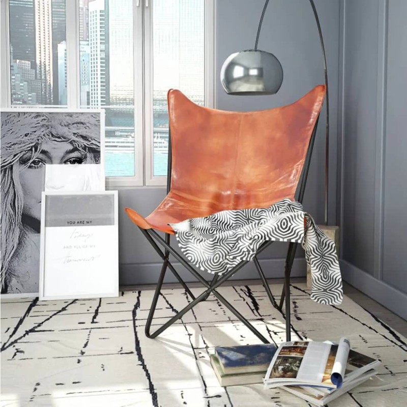 vidaXL Silla Butterfly de cuero auténtico marrón 