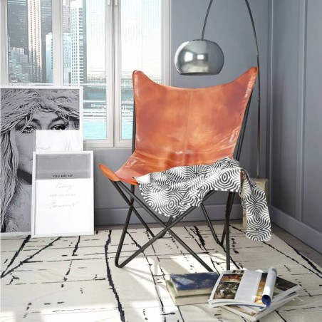 vidaXL Silla Butterfly de cuero auténtico marrón 