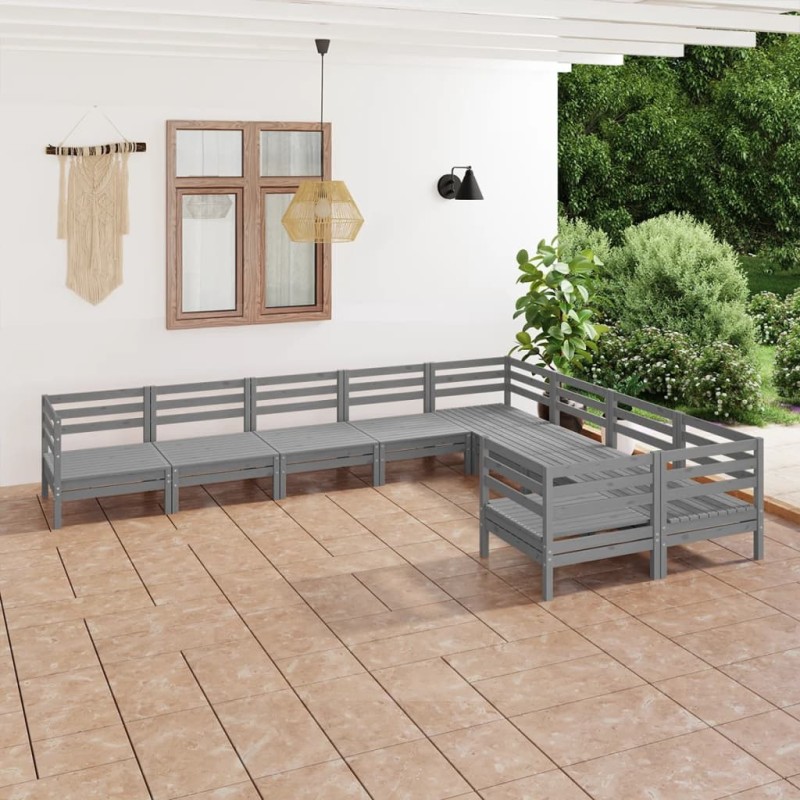 vidaXL Juego de muebles de jardín 9 piezas madera maciza de pino gris vidaXL Juego de muebles de jardín 9 piezas madera maciza de pino gris