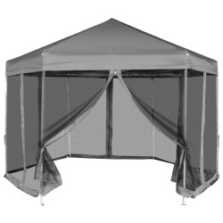 vidaXL Carpa desplegable hexagonal 6 paredes laterales gris 3,6x3,1 m