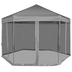 vidaXL Carpa desplegable hexagonal 6 paredes laterales gris 3,6x3,1 m