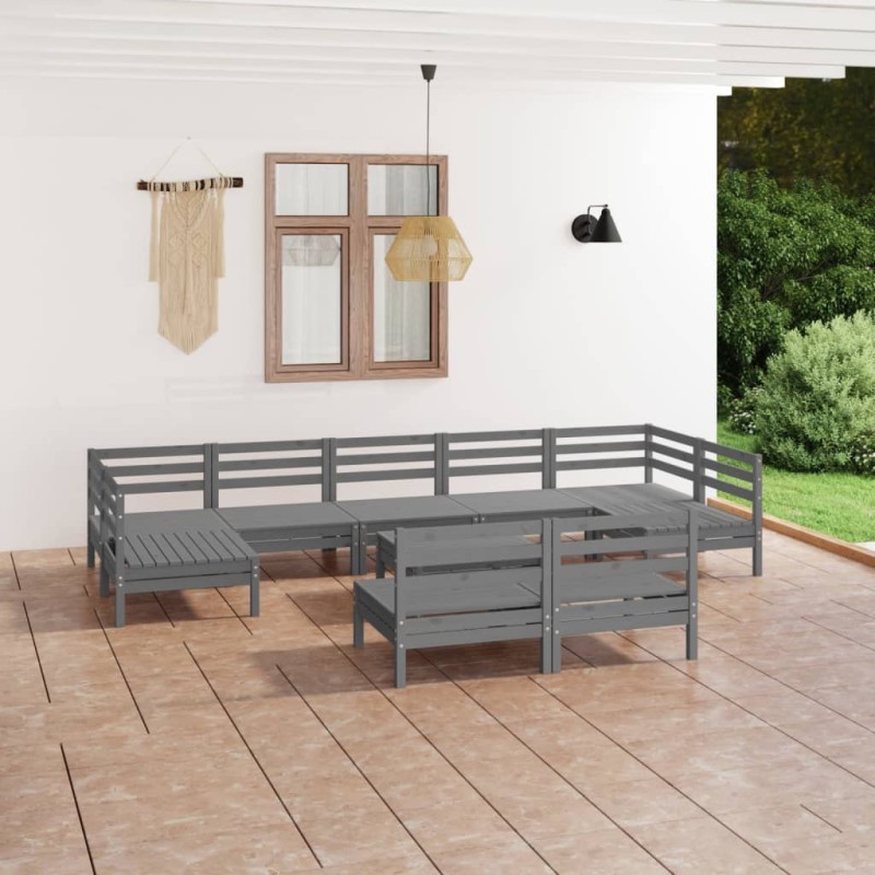vidaXL Juego de muebles de jardín 10 piezas madera maciza pino gris vidaXL Juego de muebles de jardín 10 piezas madera maciza pino gris
