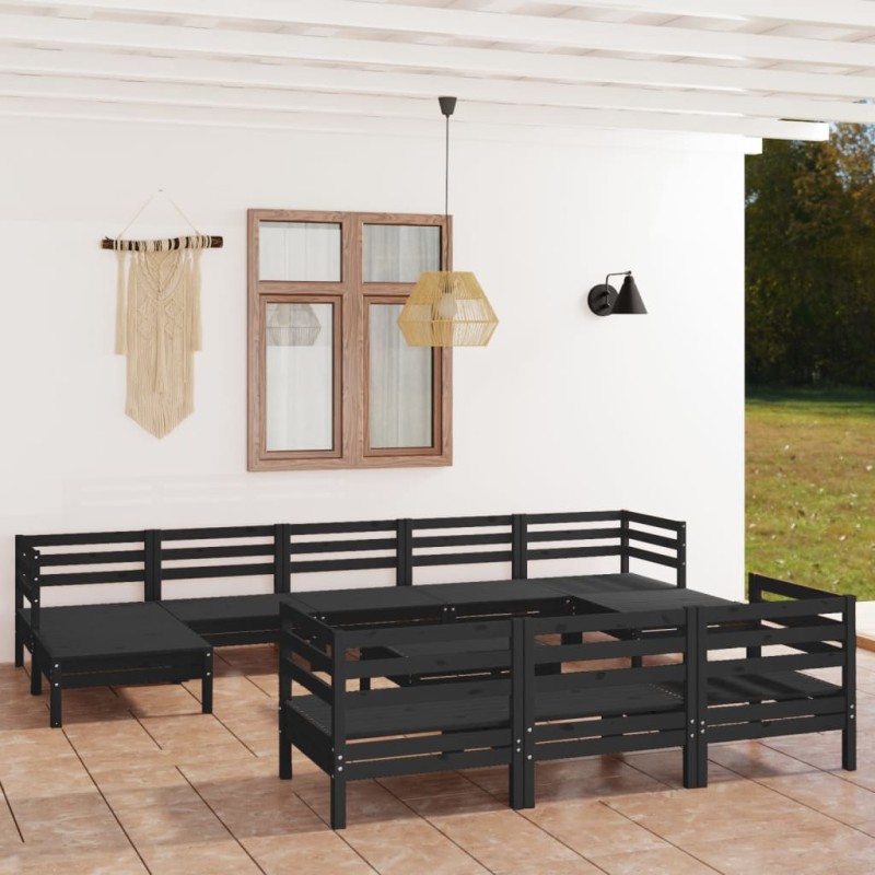 vidaXL Juego de muebles de jardín 11 pzas madera maciza de pino negro vidaXL Juego de muebles de jardín 11 pzas madera maciza de pino negro