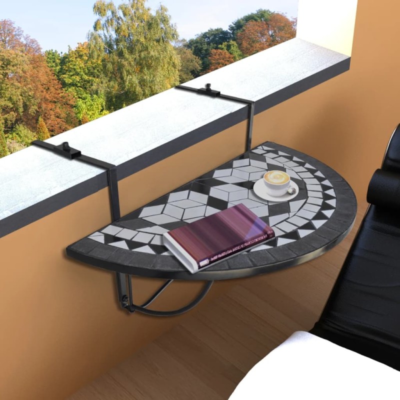 vidaXL Mesa de balcón colgante mosaico negro y blanco vidaXL Mesa de balcón colgante mosaico negro y blanco