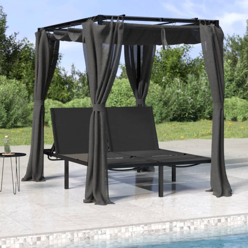 vidaXL Tumbona doble con cortinas laterales y toldo gris antracita vidaXL Tumbona doble con cortinas laterales y toldo gris antracita