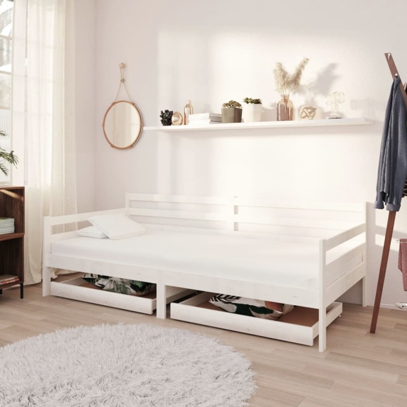 vidaXL Sofá cama con cajones madera de pino maciza blanco 90x200 cm vidaXL Sofá cama con cajones madera de pino maciza blanco 90x200 cm