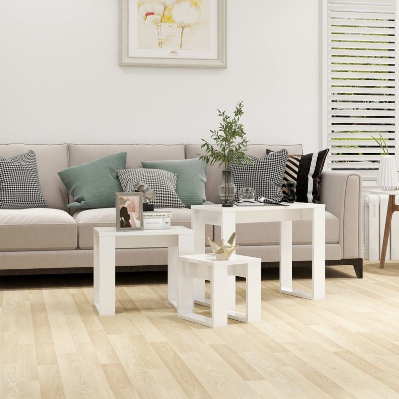 vidaXL Mesas apilables 3 piezas madera contrachapada blanco brillante vidaXL Mesas apilables 3 piezas madera contrachapada blanco brillante