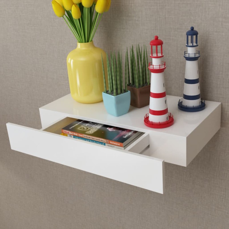 vidaXL Estante flotante pared con 1 cajón MDF blanco para libros/DVD vidaXL Estante flotante pared con 1 cajón MDF blanco para libros/DVD