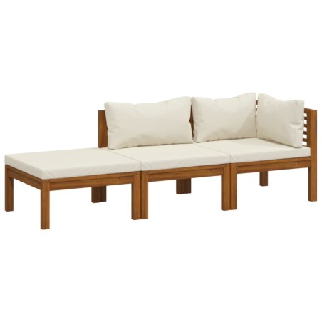 vidaXL Muebles de jardín 3 pzas madera maciza de acacia cojines crema 