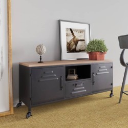 vidaXL Mueble TV hierro y madera maciza de abeto negro 110x30x43 cm