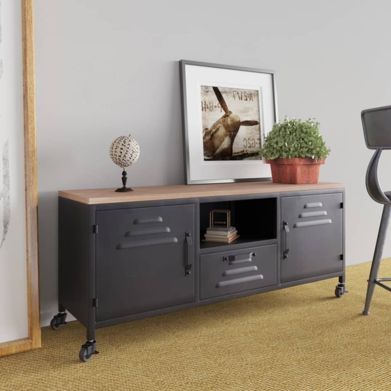 vidaXL Mueble TV hierro y madera maciza de abeto negro 110x30x43 cm vidaXL Mueble TV hierro y madera maciza de abeto negro 110x30x43 cm