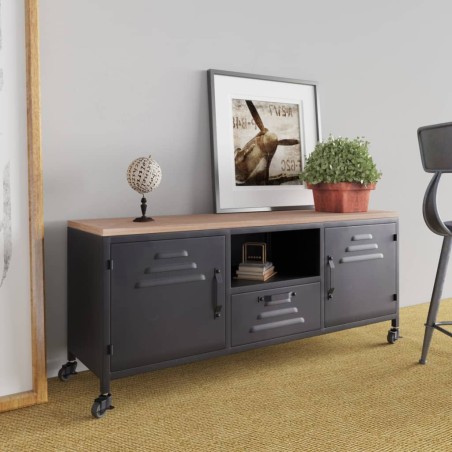 vidaXL Mueble TV hierro y madera maciza de abeto negro 110x30x43 cm