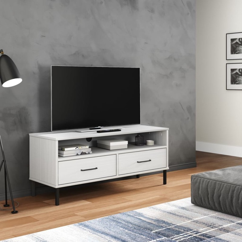 vidaXL Mueble de TV con patas de metal OSLO madera maciza pino blanco vidaXL Mueble de TV con patas de metal OSLO madera maciza pino blanco