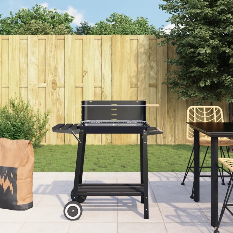 vidaXL Barbacoa de carbón con ruedas acero negro vidaXL Barbacoa de carbón con ruedas acero negro