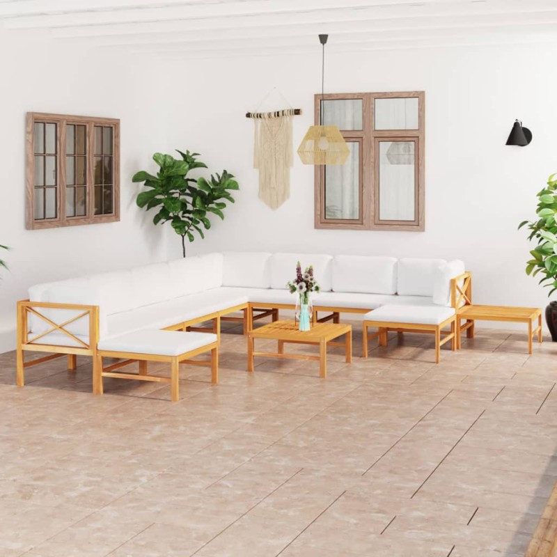 vidaXL Set de muebles de jardín 12 pzas madera de teca y cojines crema vidaXL Set de muebles de jardín 12 pzas madera de teca y cojines crema