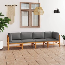 vidaXL Sofá de jardín 4 plazas con cojines gris madera maciza de teca