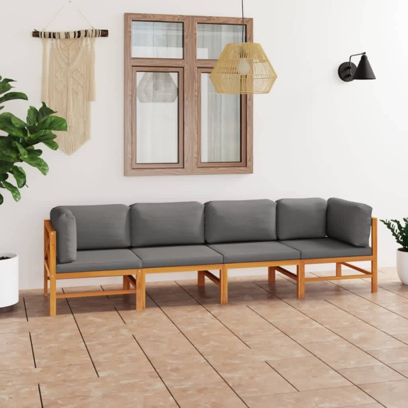 vidaXL Sofá de jardín 4 plazas con cojines gris madera maciza de teca