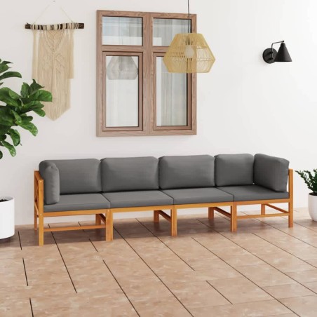 vidaXL Sofá de jardín 4 plazas con cojines gris madera maciza de teca