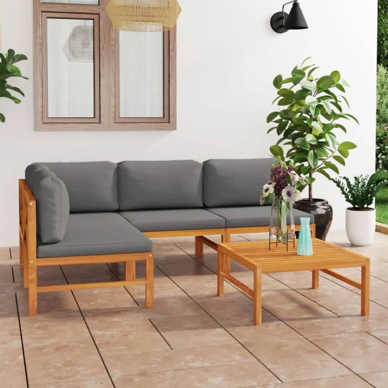 vidaXL Set de muebles de jardín 5 pzas madera de teca y cojines gris vidaXL Set de muebles de jardín 5 pzas madera de teca y cojines gris