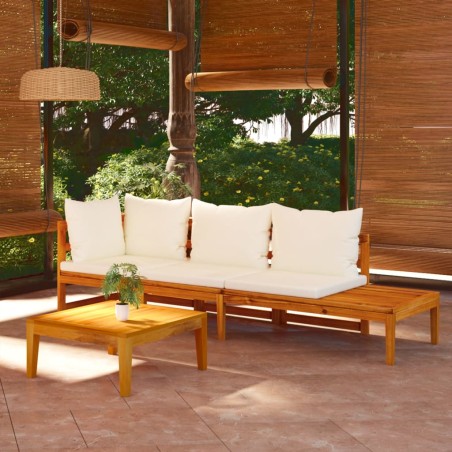 vidaXL Muebles de jardín 3 pzas con cojines crema madera de acacia 