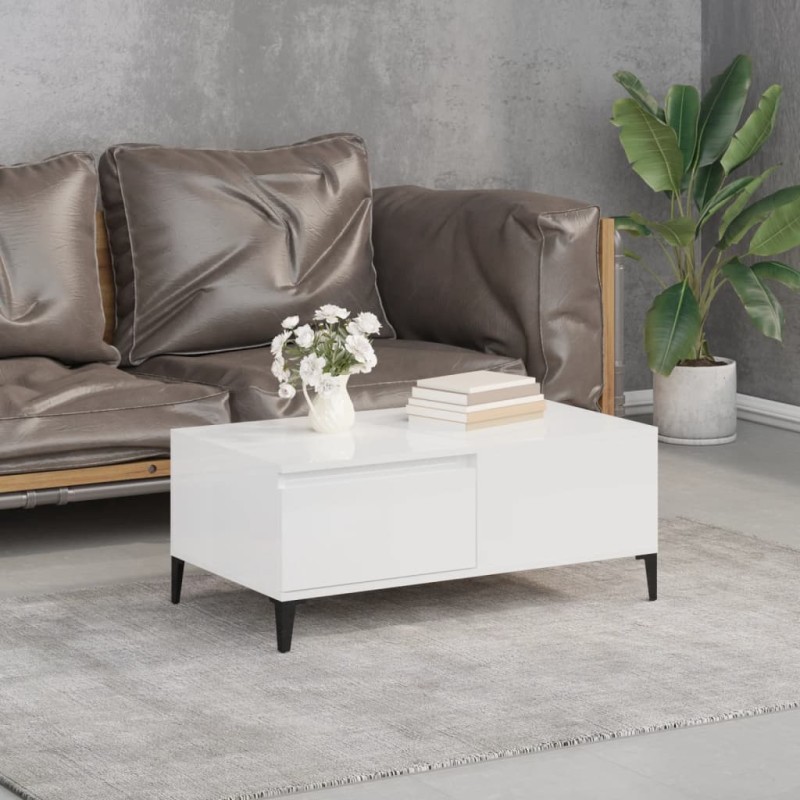 vidaXL Mesa de centro madera contrachapada blanco brillo 90x50x36,5 cm vidaXL Mesa de centro madera contrachapada blanco brillo 90x50x36,5 cm