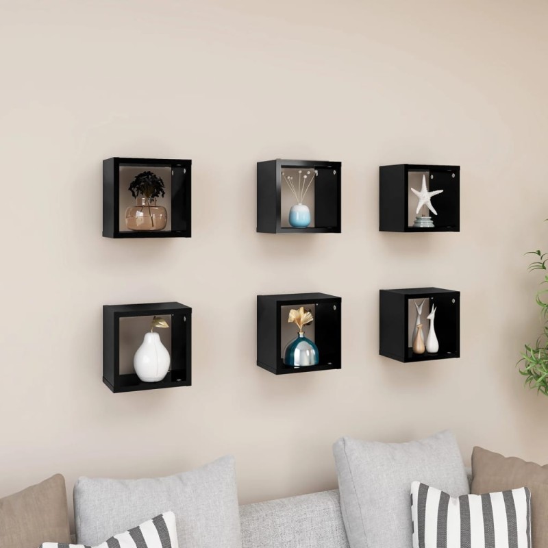 vidaXL Estantes cubo de pared 6 unidades negro brillo 22x15x22 cm vidaXL Estantes cubo de pared 6 unidades negro brillo 22x15x22 cm