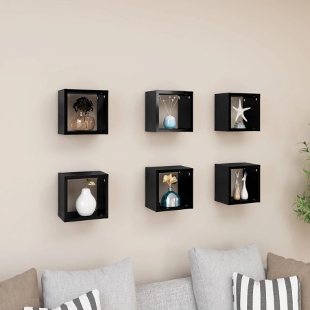 vidaXL Estantes cubo de pared 6 unidades negro brillo 22x15x22 cm