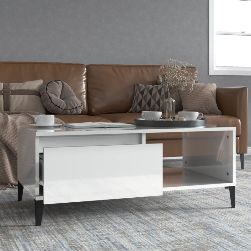 vidaXL Mesa de centro madera contrachapada blanco brillo 90x50x36,5 cm vidaXL Mesa de centro madera contrachapada blanco brillo 90x50x36,5 cm