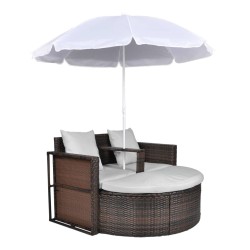 vidaXL Cama de jardín con sombrilla ratán sintético marrón
