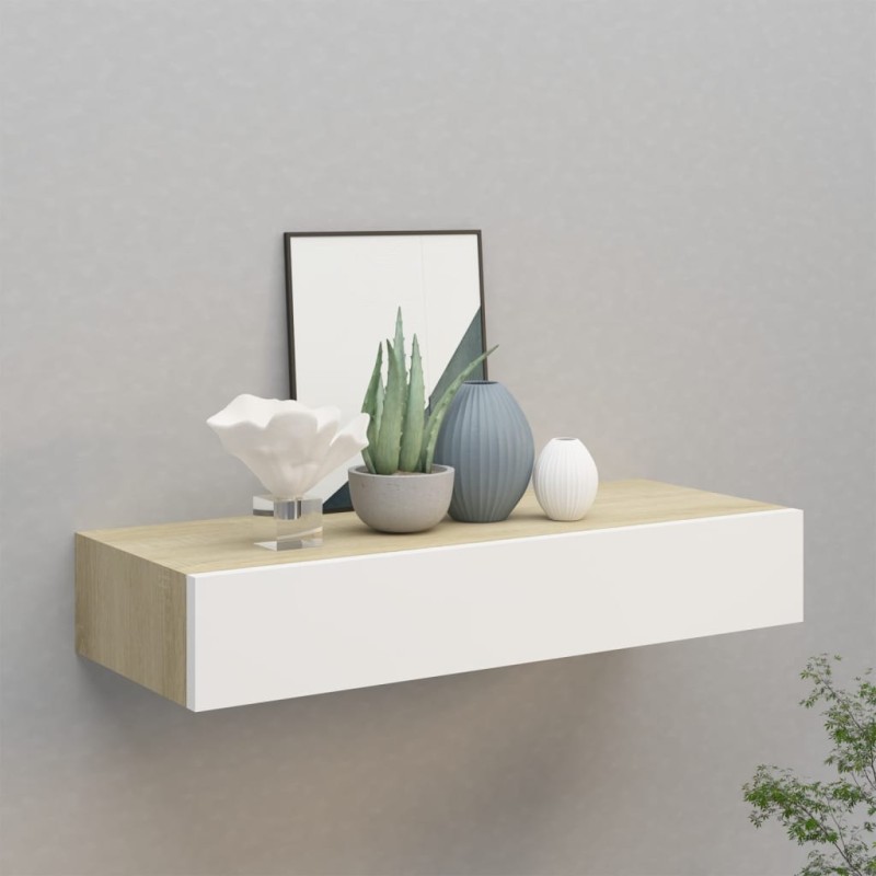 vidaXL Estante con cajón de pared MDF roble y blanco 60x23,5x10 cm vidaXL Estante con cajón de pared MDF roble y blanco 60x23,5x10 cm