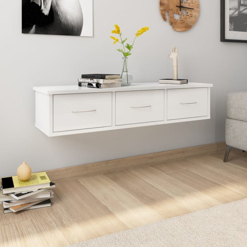 vidaXL Estante cajones pared contrachapada blanco brillo 88x26x18,5cm