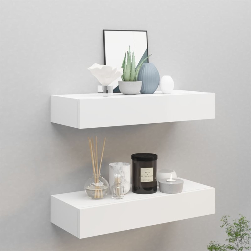 vidaXL Estantes de pared con cajón 2 uds MDF blanco 60x23,5x10 cm vidaXL Estantes de pared con cajón 2 uds MDF blanco 60x23,5x10 cm