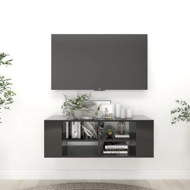 vidaXL Mueble pared TV madera contrachapada negro brillo 102x35x35 cm vidaXL Mueble pared TV madera contrachapada negro brillo 102x35x35 cm